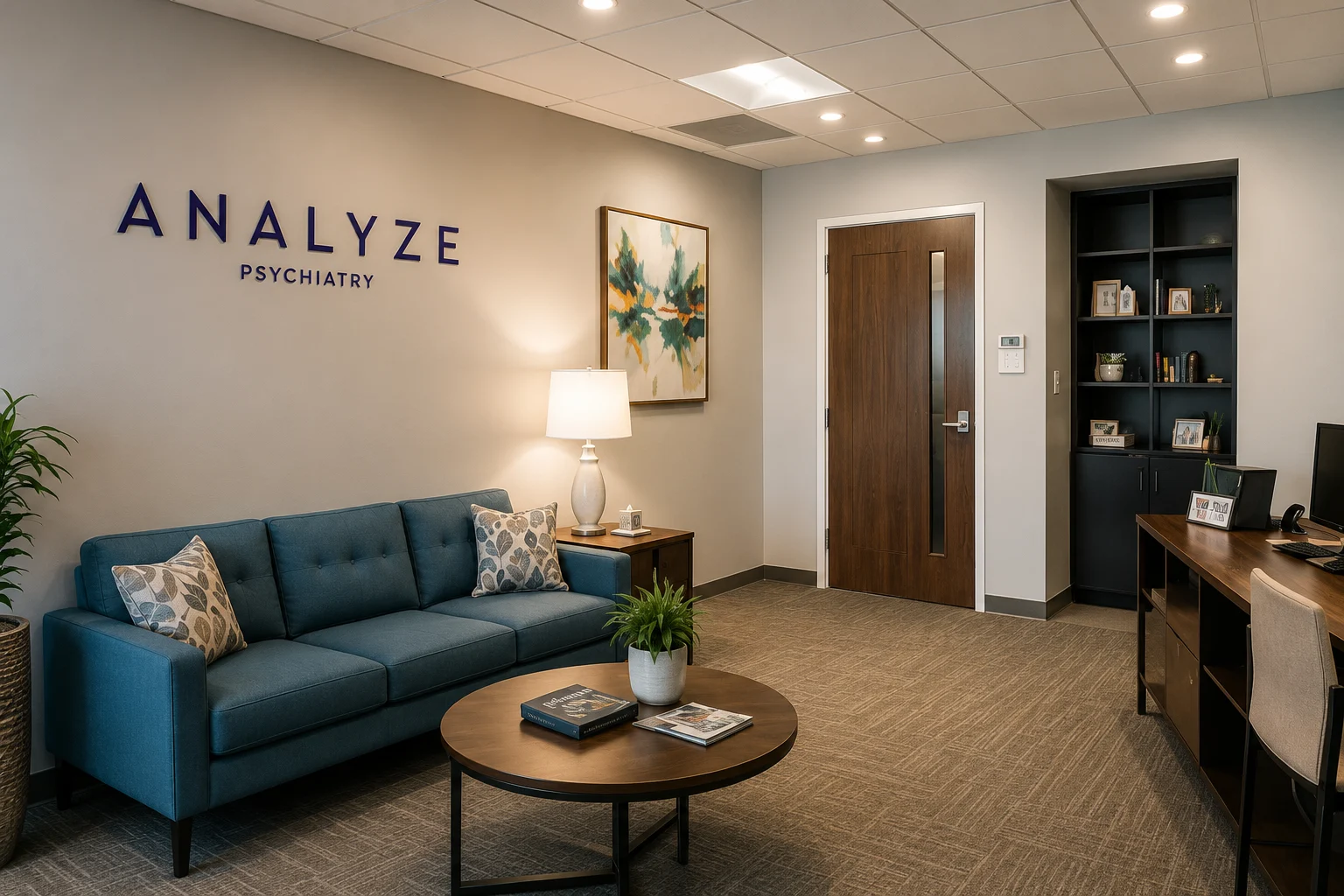 Reception and seating area at the Analyze Psychiatry office in Orlando, Florida