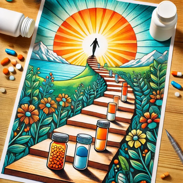 Painted illustration of a figure walking a winding path toward sunrise